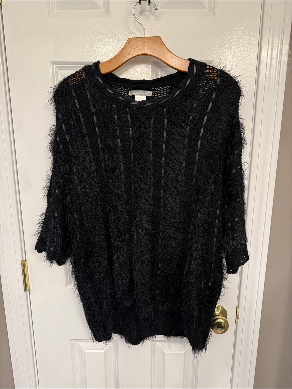 Alberto Makali Black Fuzzy Open-Knit Crewneck Sweater